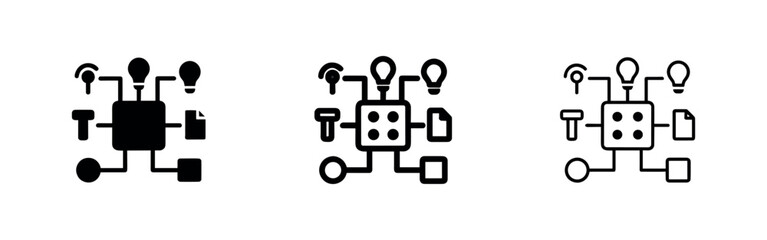 Naklejka premium Data processing and network connections icon set, illustrating interconnected ideas, documents, and concepts.