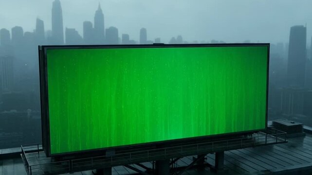 Billboard green screen on a rainy city rooftop with icicles and foggy skyscraper skyline background