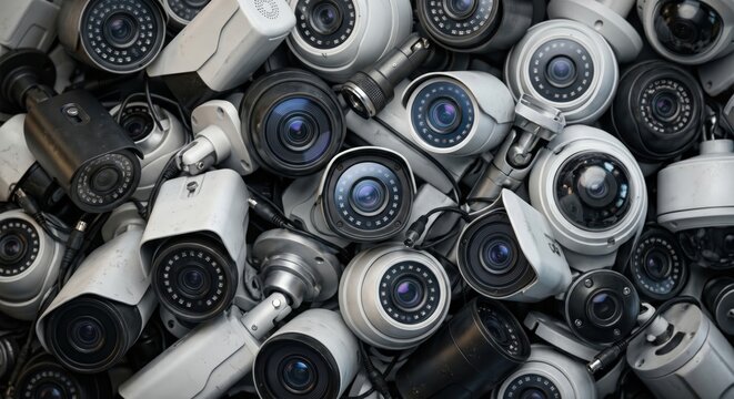 Abundant collection of modern security surveillance cameras arranged in a dense pile representing constant monitoring and global safety technology infrastructure systems
