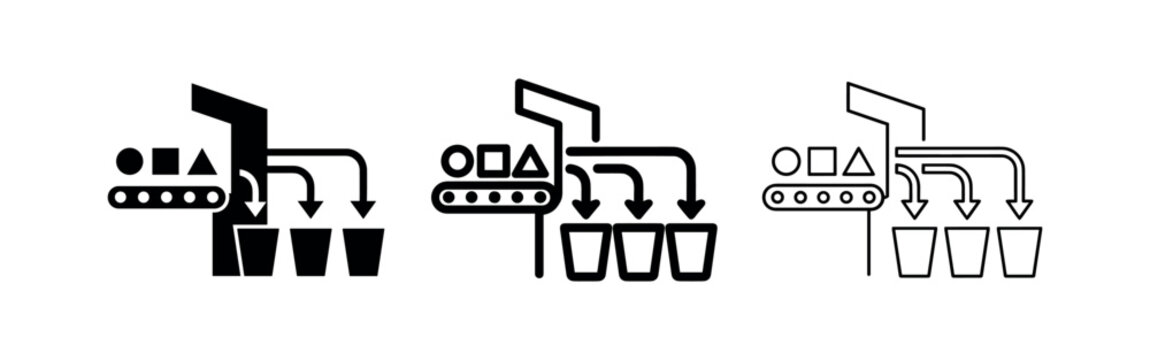 Automated manufacturing process with conveyor belt sorting various shapes into containers icon set.