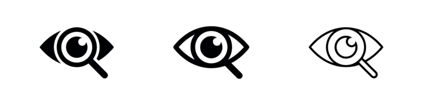 Search and discovery icon set, depicting an eye with a magnifying glass for analysis.