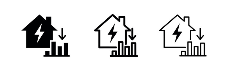 Obraz premium Energy cost reduction and power saving icon, with a house, lightning bolt, and downward graph for lower bills.