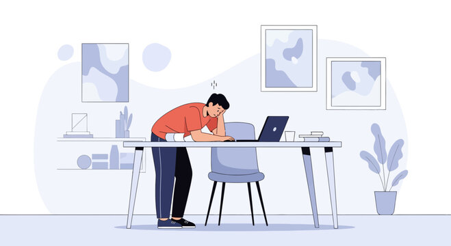 Overwhelmed remote worker exhausted at desk with laptop, burnout concept
