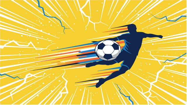 Dynamic soccer player silhouette kicking a flaming speed ball with lightning burst effect on bold yellow background &mdash; flat style vector illustration.