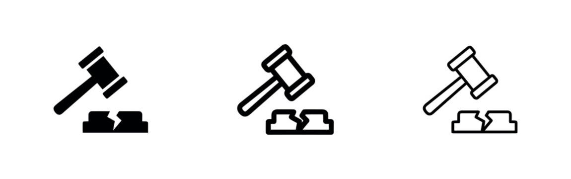 Justice Gavel Icon Set: Judge's Hammer on Broken Block