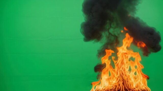 Fiery flames and dark smoke against a green screen background, abstract element