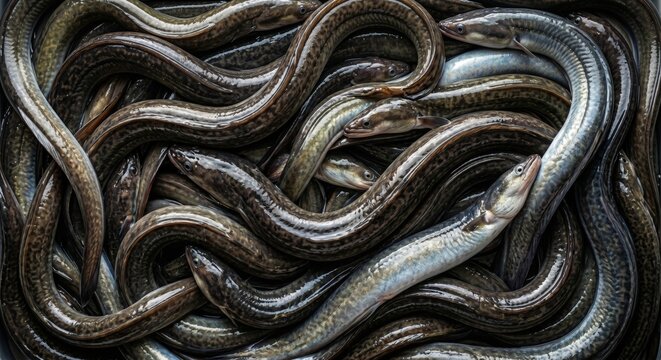 Abundant cluster of fresh slimy eels intertwined in a dark container creating a complex textured pattern of slippery aquatic wildlife for culinary market