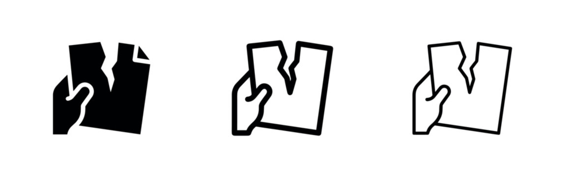 Hand Tearing Paper Icon Set - Cancellation, Rejection, and Document Termination Symbol