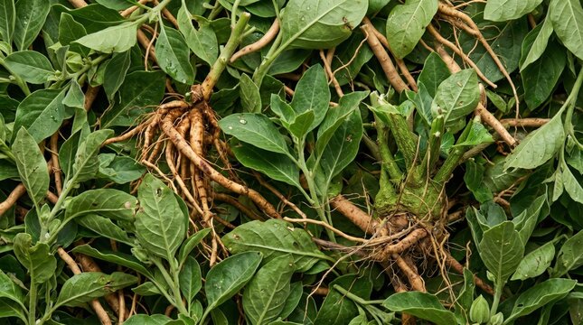 Freshly harvested ashwagandha roots and green leaves laid flat for drying in a natural rural setting providing traditional ayurvedic herbal medicine ingredients