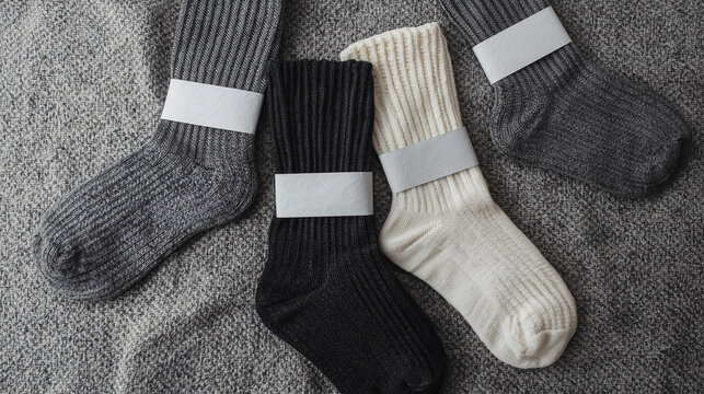 four pairs of ribbed knit socks in grey, black, and cream, each wrapped in a white paper label, lie flat on a textured grey fabric background.