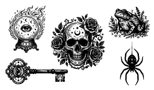 Vintage Occult Tattoo Style Vector Collection with Alchemy Symbols and Halloween Engraving Art
