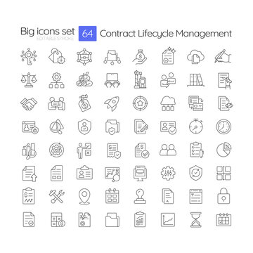 Contract lifecycle management line icons set. Corporate administrative work organization. Documentation flow. Isolated vector outline illustrations. Thin lineart iconset symbols. Editable stroke