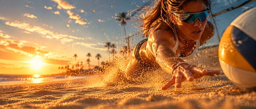 Dynamic action shot of a female athlete diving into the sand to save a ball during a beach volleyball game at sunset