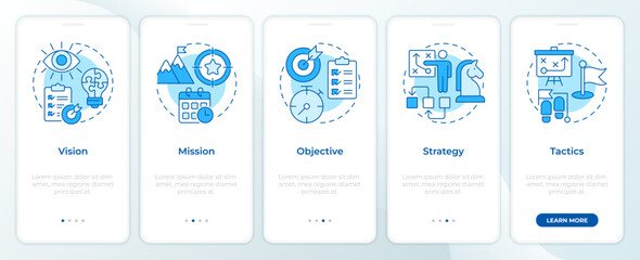 Naklejka na ściany i meble Strategic planning process blue onboarding mobile app screen. Organization long term direction. Maps to goals. Walkthrough 5 steps editable graphic instructions with linear concepts. UI, UX, GUI