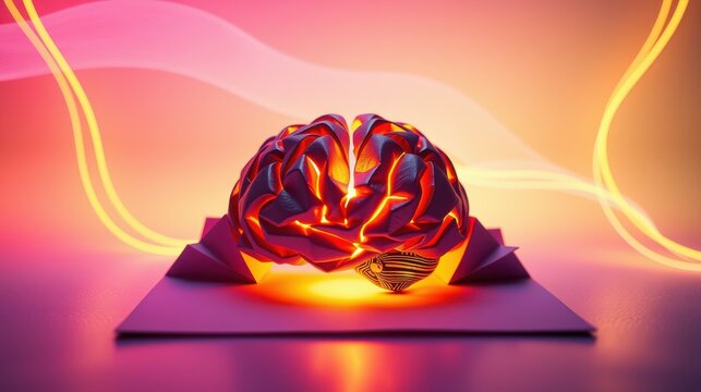 Glowing brain sits atop pyramid structure. Fiery cracks illuminate internal circuitry. Dramatic lighting creates intense visual impact.