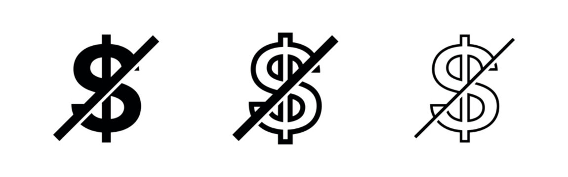 Dollar sign crossed out icon set: solid, outlined, and hollow