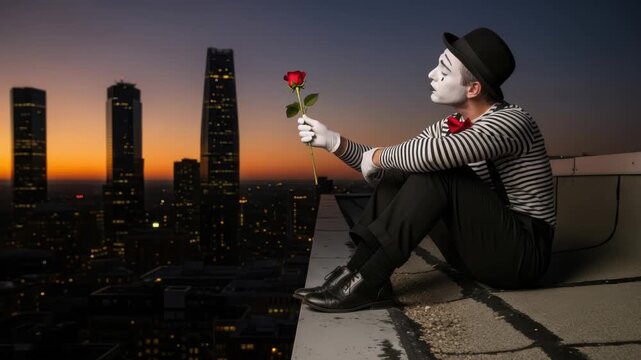Heartbroken mime with rose on rooftop contemplating solitude and urban isolation at dusk amidst