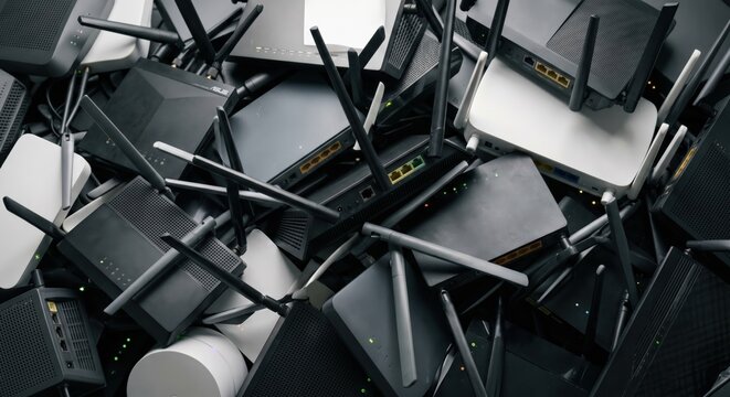 A cluttered pile of various wireless internet routers and network hardware devices stacked together in a chaotic arrangement for modern connectivity concepts