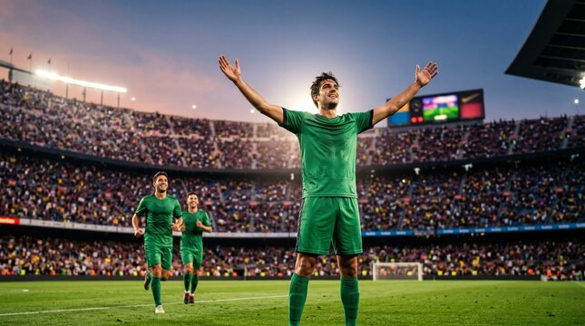 Triumphant soccer player in green uniform celebrating victory with arms raised in a crowded stadium at sunset