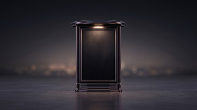 Elegant black advertising billboard kiosk standing on dark pavement with soft uplighting against a blurred night city background