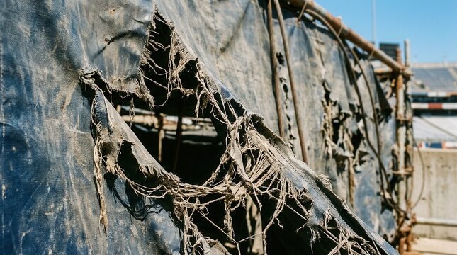 Close-up of a torn and weathered blue stadium tarp showing frayed fabric edges and jagged holes attached to a metal scaffolding structure in an outdoor arena under a blue sky.