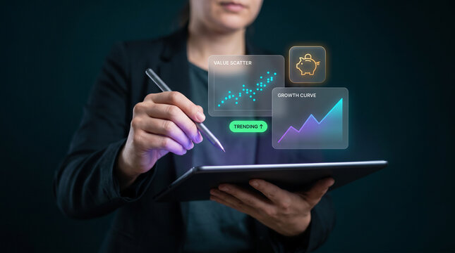 Holographic Market Value Scatter Chart Hovers Above Business Tablet to Track Growth Curve, Display Savings Icon, and Monitor Trending Indicator, Focusing on Investment Planning