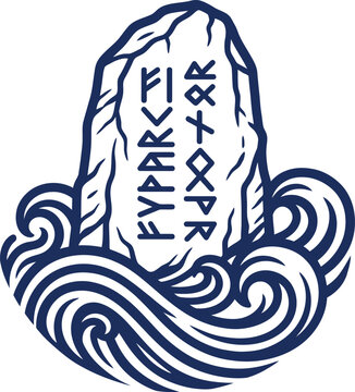 Simple vector icon standing norse runestone rising from stylized ocean wave symbol voyage across atlantic isolated white background illustration