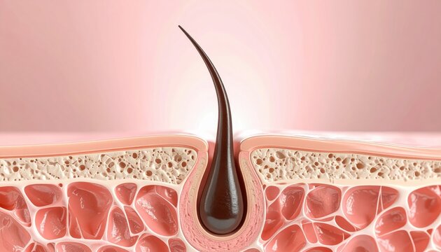 Detailed microscopic view of a single hair follicle and its surrounding skin layers in anatomical cross-section