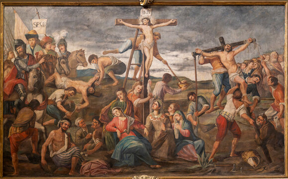 Painting of Jesus Christ crucified on the cross represented with Mary, Mary Magdalene and Saint John.