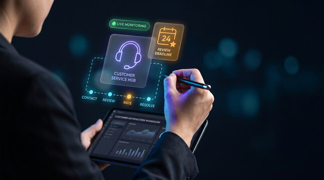 Holographic Customer Service Hub Interface Floats Beside Tablet to Display Headset Icon, Set Review Deadline, Monitor Live Status, and Organize Contact Workflow, Focusing on Support Management