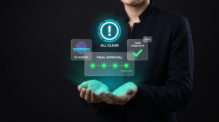 Fototapeta premium Woman Presents Final Approval Hologram Showing Identity Verification, Task Completion Progress, and All-Clear Confirmation Status, Focusing on Biometric Validation, Process Closure