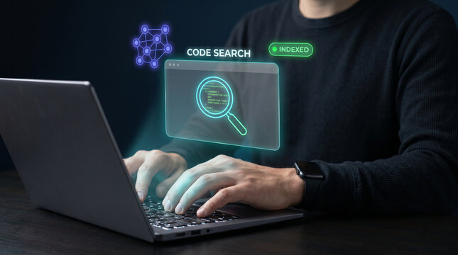 Developer Types on Laptop While Code Search Hologram Displays Indexed Results, Magnifying Glass Query, and Network Graph Visualization, Focusing on Repository Indexing, Source Navigation