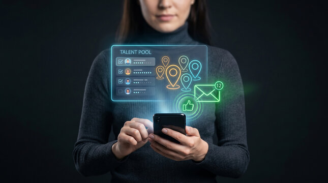 Woman Browses Talent Pool Interface on Smartphone to Filter Candidate Profiles, Track Locations, and Manage Recruitment Outreach, Focusing on Staffing Network, Workforce Planning