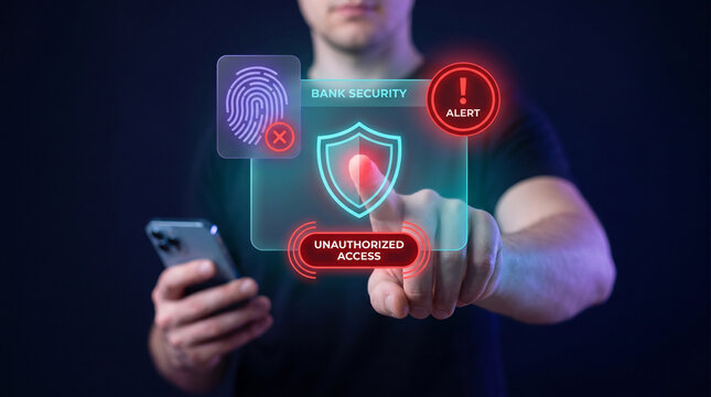 Man Touches Holographic Bank Security Shield to Block Unauthorized Access, Scan Fingerprint Verification, and Trigger Fraud Alerts, Focusing on Biometric Authentication, Financial Protection
