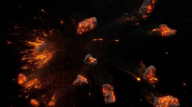 Static shot of CGI asteroid exploding into fiery glowing debris and sparks on dark black space background