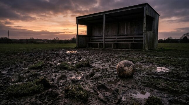 Dirty leather football resting in deep mud with visible boot prints on a rural sports pitch at sunset. A weathered wooden dugout stands in the background under a dramatic cloudy sky.