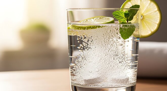 Effervescent tablets dissolving in water with lime and mint