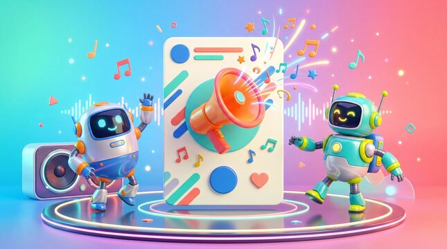 Cheerful 3D artificial intelligence robot dancing to music with megaphone, speaker, and floating note. Bright gradient background for digital promotion and entertainment concept.