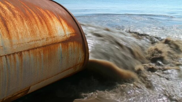 Static shot of rusted industrial pipe discharging dirty brown water into sea, water pollution environmental concept