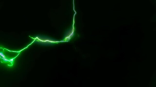 Static shot of vivid green neon electric lightning bolts discharging across black dark background CGI overlay