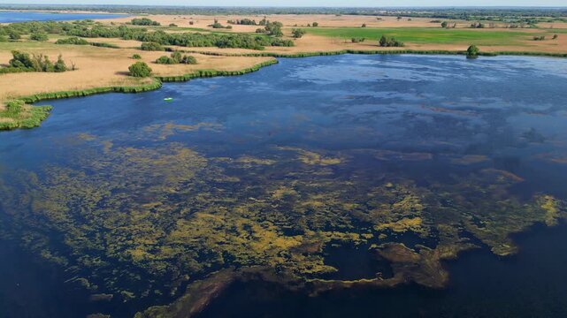 High angle panoramic flyover of the Danube Delta UNESCO biosphere reserve in Romania. Scenic wild landscape with colorful reed vegetation, natural lakes, and winding water channels.