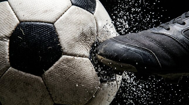 Close-up of a soccer player's boot kicking a wet soccer ball with water droplets splashing against a black background