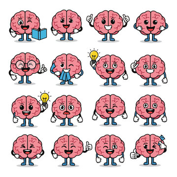 Collection of cute brain cartoon character mascot stickers with multiple facial expressions and poses