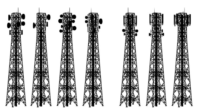 Black silhouettes of various cell towers on white background
