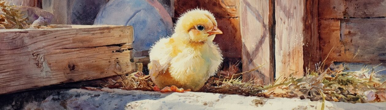 A fluffy yellow chick stands on a sunlit farm floor near wooden beams and hay, surrounded by rustic textures.