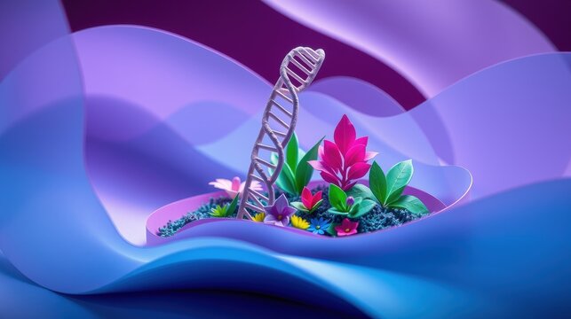 Abstract floral composition features dna helix rising from vibrant petals. Soft waves create dynamic, colorful background.