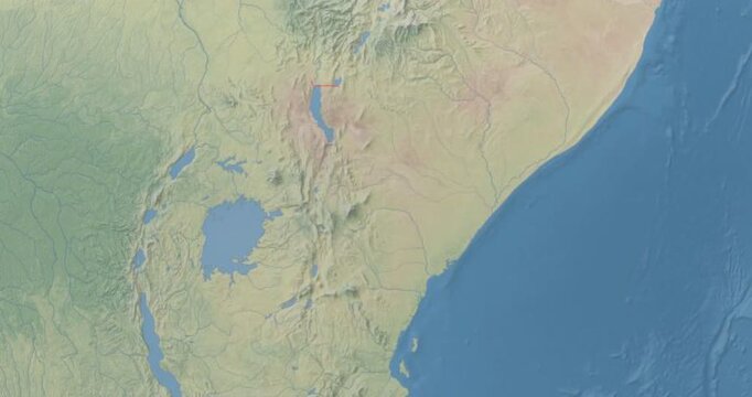 Kenya on Globe. Zoom into the country with Earth spinning on dark background. Physical world map with Kenya and label on it. Country view animation.