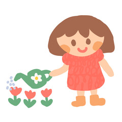 Cute Girl Character Watering Plants Vector Illustration for Spring Gardening Hobby and Children Book Graphic Design  © Little Joy Designs