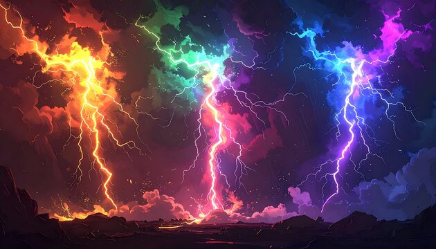 Vibrant multicolored lightning stormy sky.