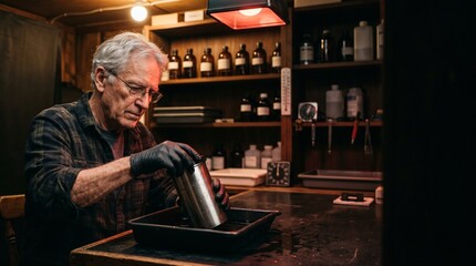 Obraz premium Senior Photographer Developing Analog Film in a Traditional Darkroom with Red Safelight